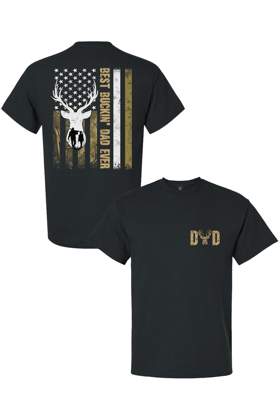 Men’s Best Buckin’ Dad Ever Shirt – Distressed Hunting Flag Tee, Funny Father’s Day Gift for Outdoorsman, Black-Small