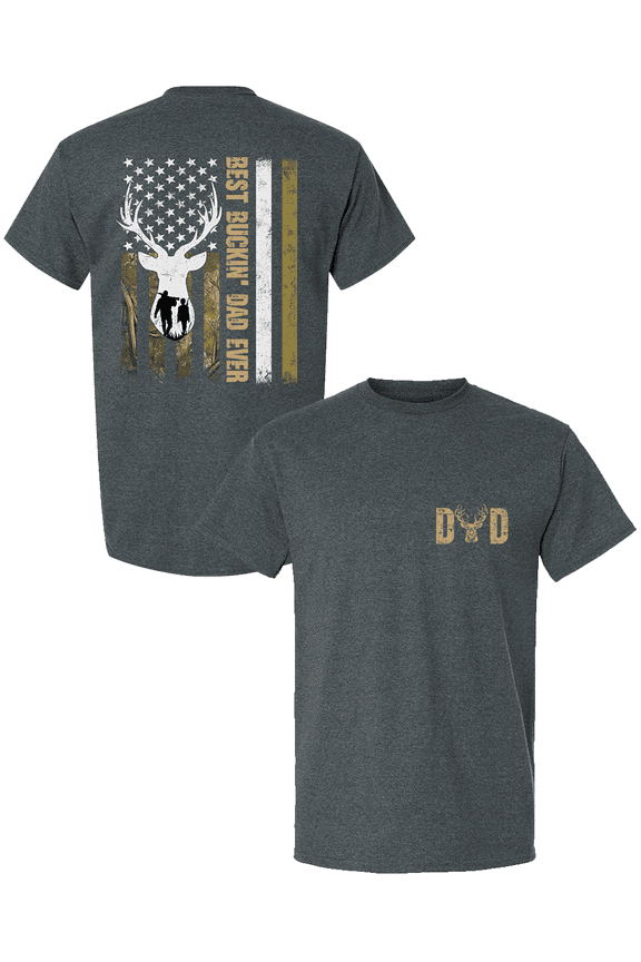 Men’s Best Buckin’ Dad Ever Shirt – Distressed Hunting Flag Tee, Funny Father’s Day Gift for Outdoorsman, Heather Grey-Large
