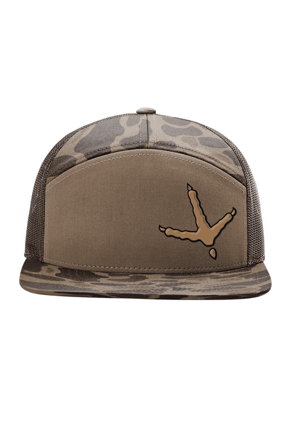 Men's Camo 7-Panel Trucker Hat - Turkey Foot Print Design Camouflage Snapback Cap, Bark Duck Camo/Brown