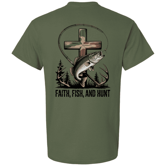Trenz Shirt Company Men's Christian Fishing T-Shirt - Camo Cross, Faith, Fish, And Hunt Graphic Tee-Military-Small