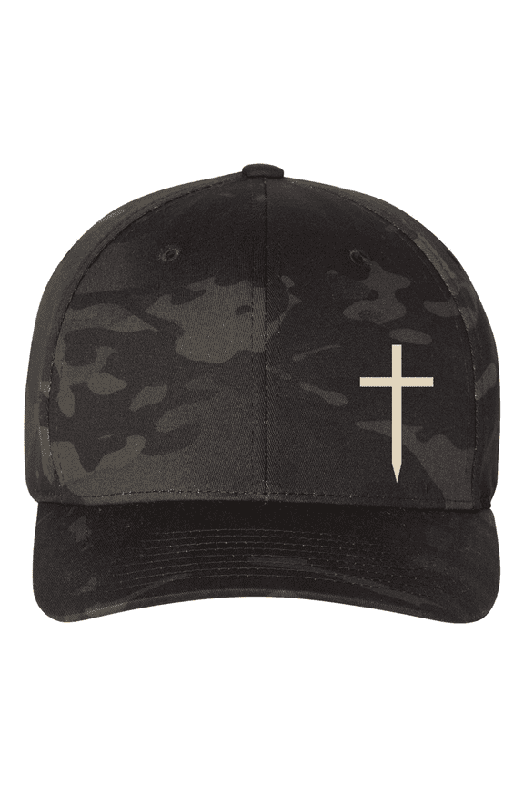 Men's Cotton Blend Embroidered Stretch Fit Hat - Christian Cross Design, Multicam Black, Small/Medium