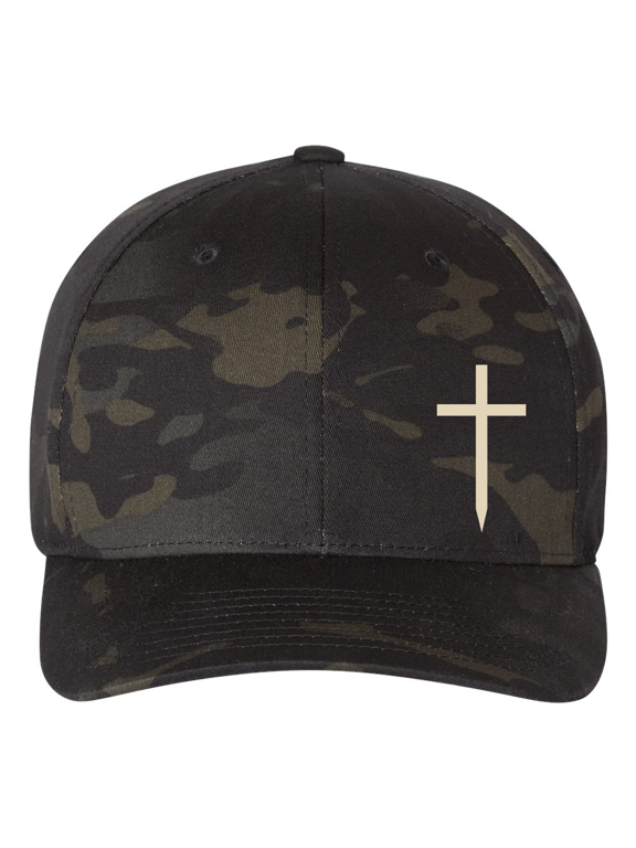 Men's Cotton Blend Embroidered Stretch Fit Hat - Christian Cross Design, Multicam Black, Small/Medium