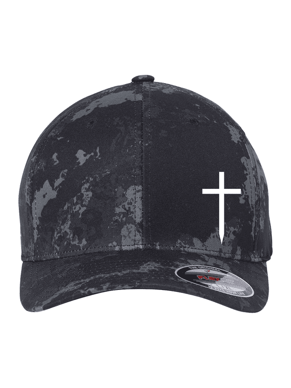 Men's Cotton Blend Embroidered Stretch Fit Hat - Christian Cross Design, Poseidon Black, Small/Medium