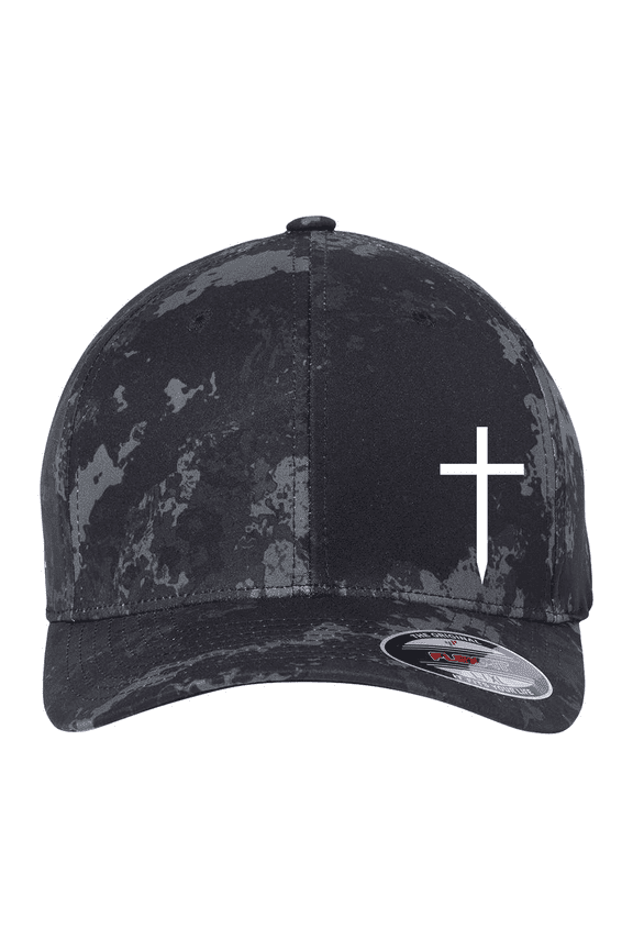 Men's Cotton Blend Embroidered Stretch Fit Hat - Christian Cross Design, Poseidon Black, Small/Medium