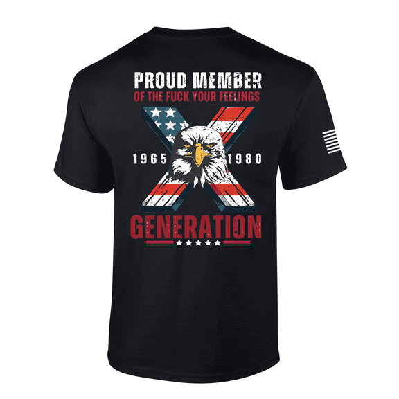 Trenz Shirt Company Men’s Distressed Gen X USA Flag Eagle Proud Generation Short Sleeve T-Shirt, Black-XX-Large