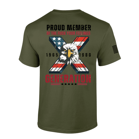 Trenz Shirt Company Men’s Distressed Gen X USA Flag Eagle Proud Generation Short Sleeve T-Shirt, Military Green-X-Large