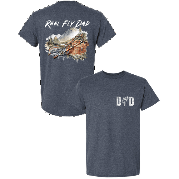 Trenz Shirt Company Men’s Distressed Reel Fly Dad Fishing Shirt – Outdoor Father’s Day Gift Tee for Fishing Enthusiasts, Heather Navy-4X-Large