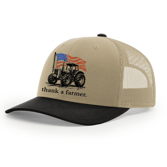 Trenz Shirt Company Men's Embroidered Mesh Back Trucker Hat - Thank A Farmer, American Flag & Tractor Design, Khaki/Black/Khaki