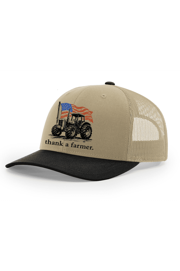 Men's Embroidered Mesh Back Trucker Hat - Thank A Farmer, American Flag & Tractor Design, Khaki/Black/Khaki