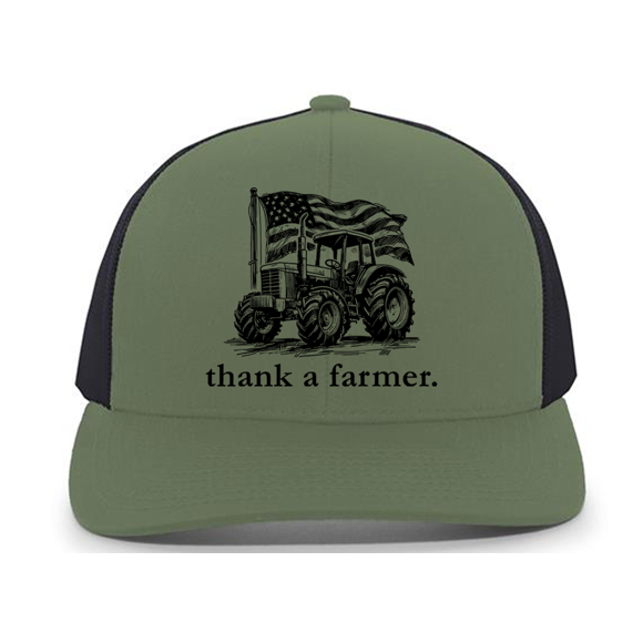 Men's Embroidered Mesh Back Trucker Hat - Thank A Farmer, American Flag & Tractor Design, Loden/Black