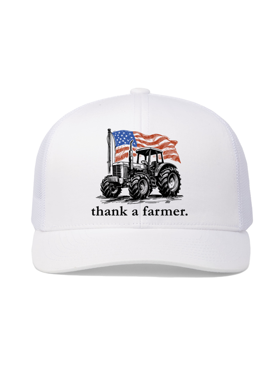 Men's Embroidered Mesh Back Trucker Hat - Thank A Farmer, American Flag & Tractor Design, White/White