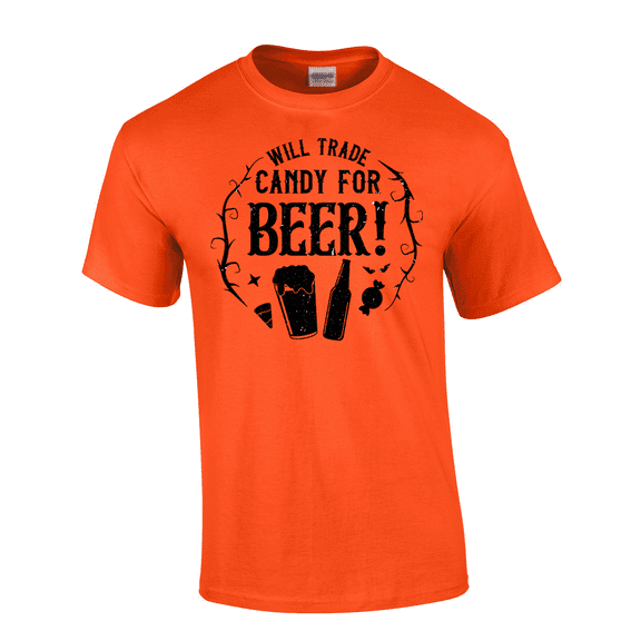 Trenz Shirt Company Men's Funny Halloween Will Trade Candy For Beer Short Sleeve T-Shirt-Orange-Small