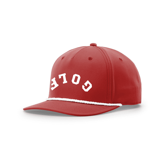 Trenz Shirt Company Men's Golf Hat 5 Panel Classic Rope Snapback Trucker Hat - Arched Upside Down "GOLF" Design-Red/White Rope