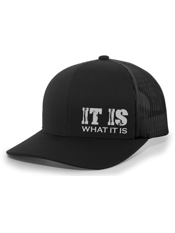 Men's It Is What It Is Trucker Hat - Funny Distressed Graphic Adjustable Snapback Cap, Black/Black