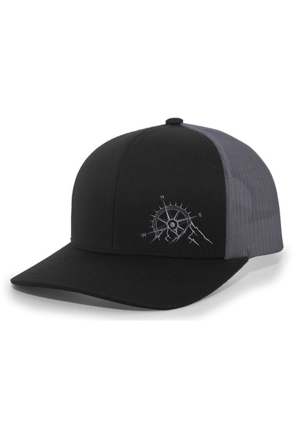 Mountain Trucker Hat 47% Cotton/28% Nylon/25% Polyester - Embroidered Compass Woodland Mesh Back