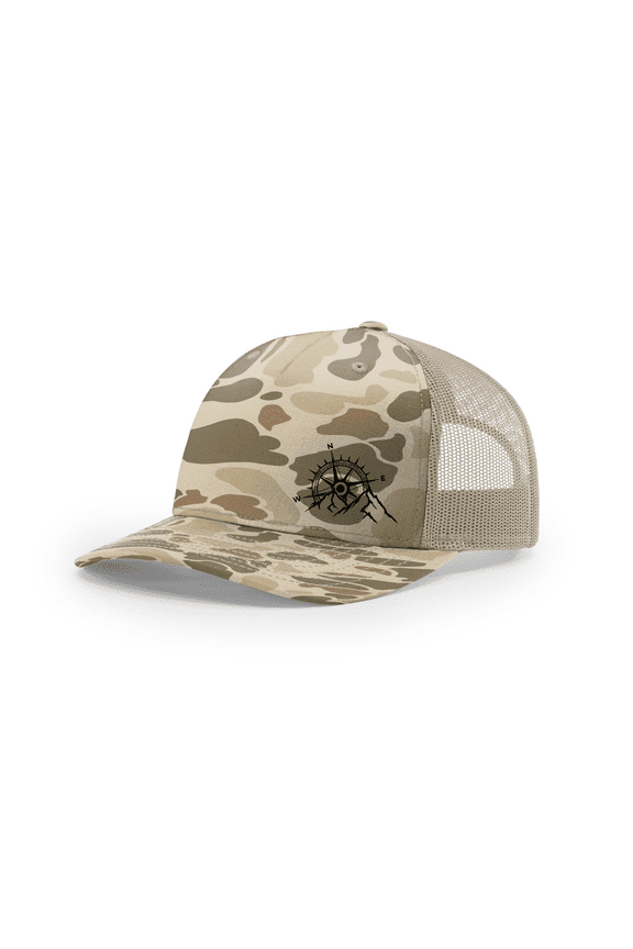 Trenz Shirt Company Men's Outdoors Mountain Scenic Forest Compass Woodland Embroidered Mesh Back Trucker Hat-Harvest Duck Camo/Light Tan