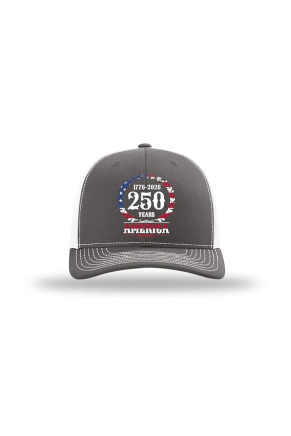 Men's Patriotic 1776-2026 250 Years America Flag Filled Wreath Embroidered Mesh Back Trucker Hat-Charcoal/White