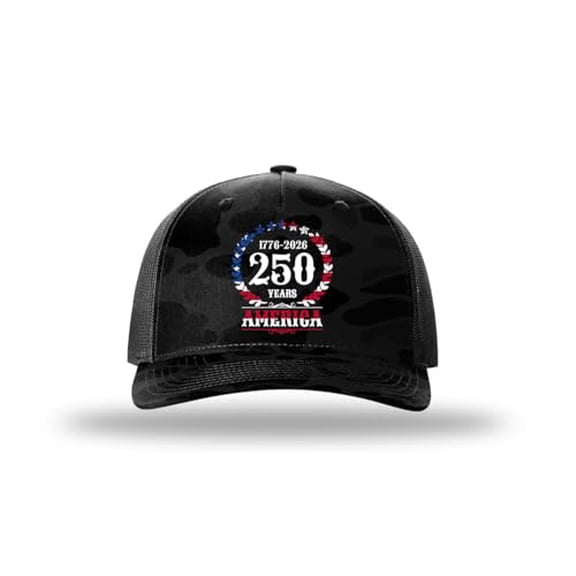 Trenz Shirt Company Men's Patriotic 1776-2026 250 Years America Flag Filled Wreath Embroidered Mesh Back Trucker Hat-Sable/Black