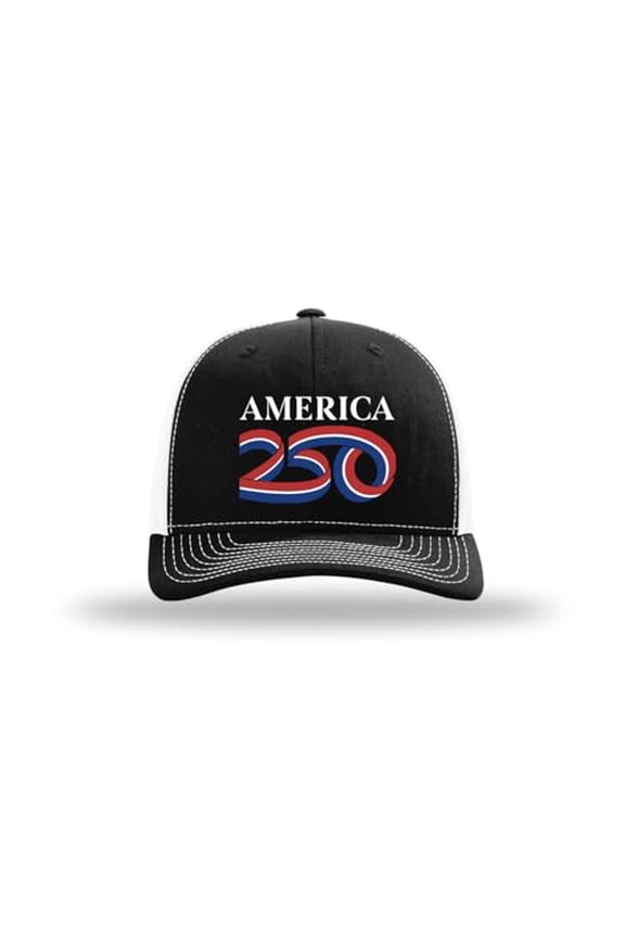 Men's Patriotic 250th Anniversary of America Swirled Flag Numbers Embroidered Mesh Back Trucker Hat-Black/White