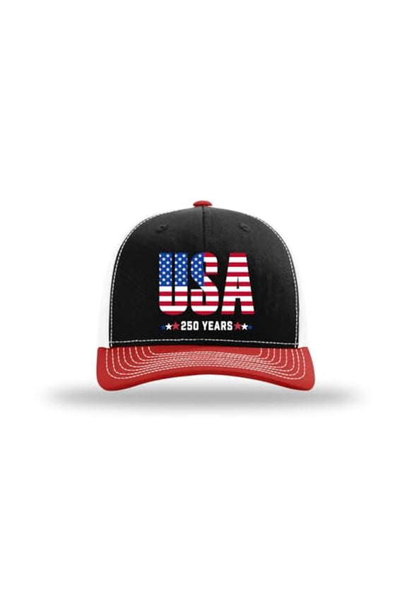 Men's Patriotic Flag Filled USA 250 Years Red, White, and Blue Stars Embroidered Mesh Back Trucker Hat-Black/Red/White