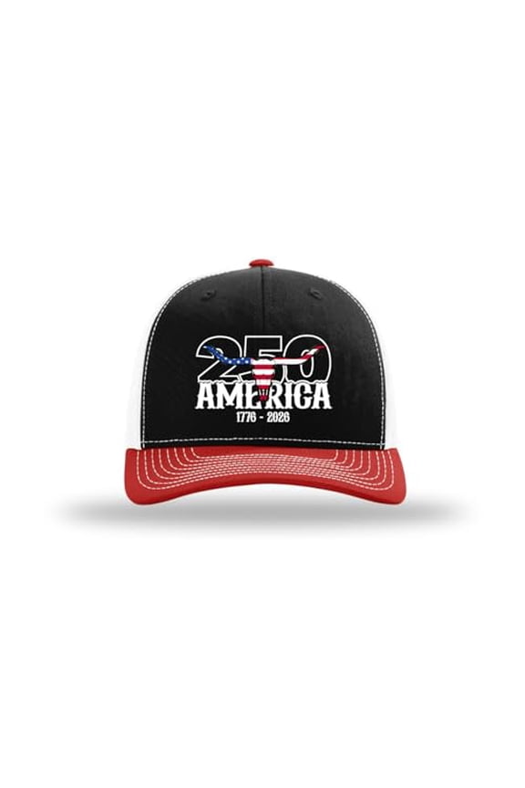 Men's Patriotic USA Flag Filled Bull Skull 250th Anniversary of America Embroidered Mesh Back Trucker Hat-Black/Red/White