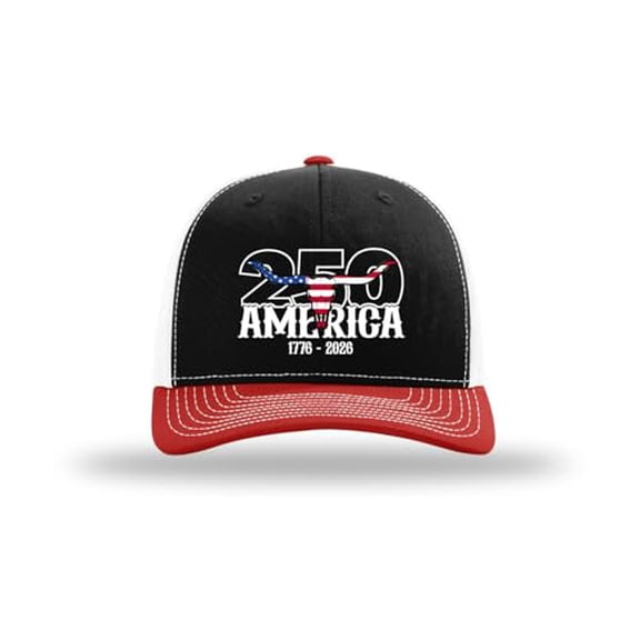 Trenz Shirt Company Men's Patriotic USA Flag Filled Bull Skull 250th Anniversary of America Embroidered Mesh Back Trucker Hat-Black/Red/White