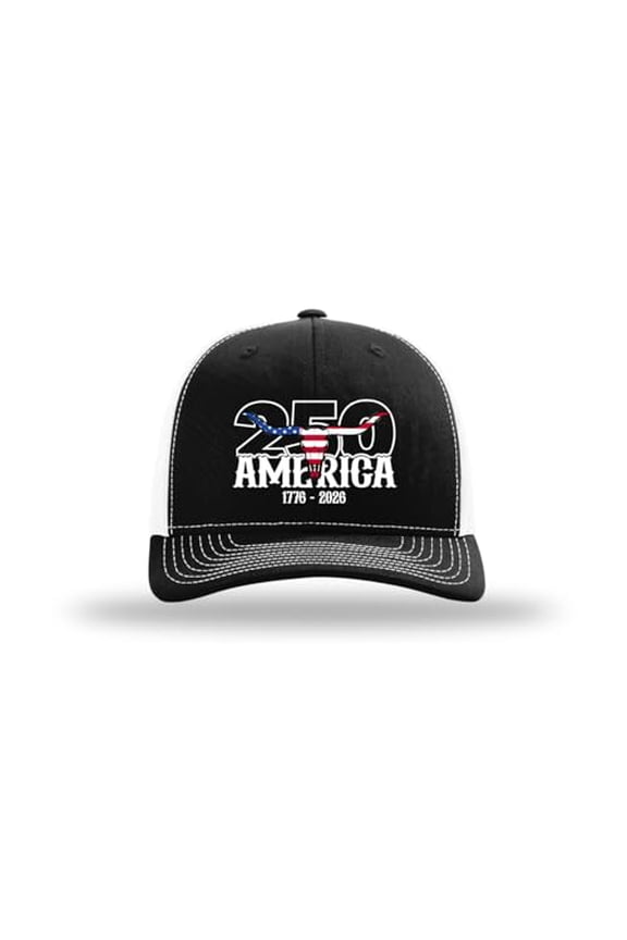 Men's Patriotic USA Flag Filled Bull Skull 250th Anniversary of America Embroidered Mesh Back Trucker Hat-Black/White