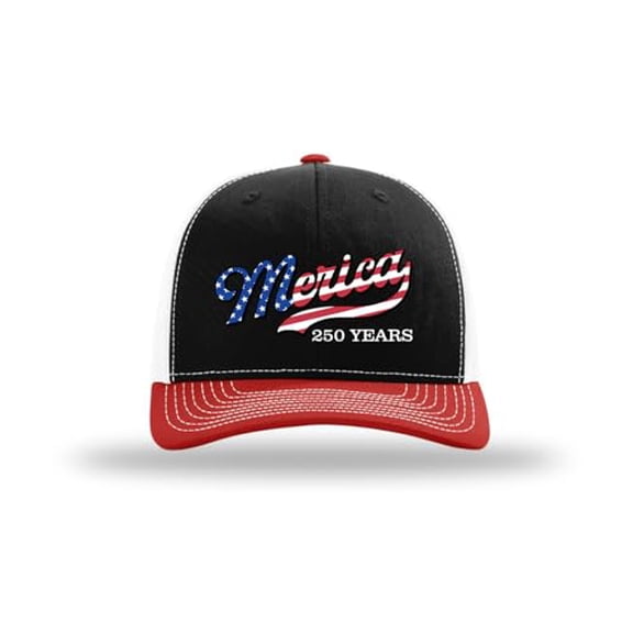 Trenz Shirt Company Men's Patriotic USA Flag Filled 'Merica Beer Logo 250 Years Embroidered Mesh Back Trucker Hat-Black/Red/White