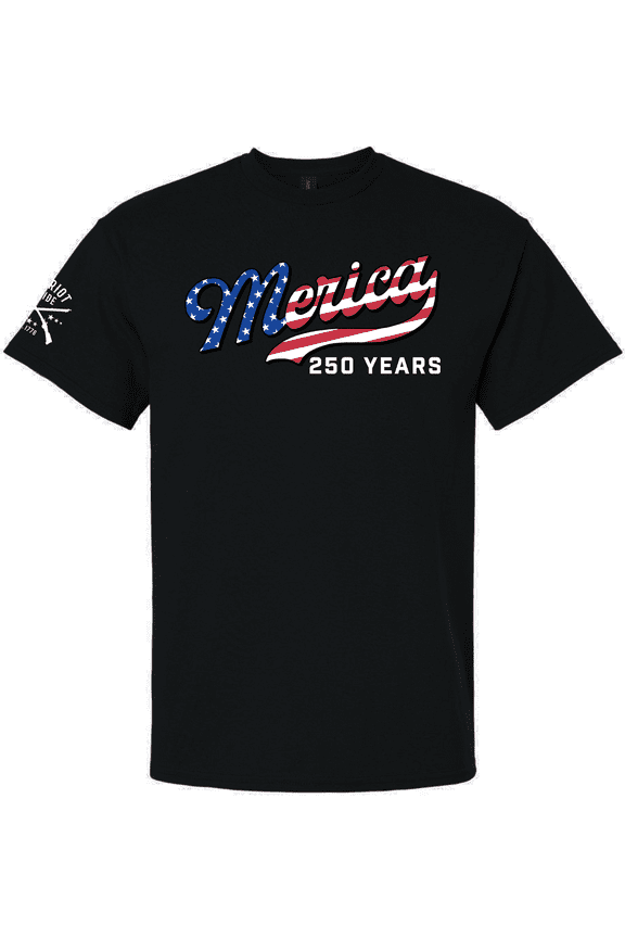 Men's Patriotic USA Flag Filled 'Merica Beer Logo 250 Years Short Sleeve Graphic T-Shirt-Black-X-Large