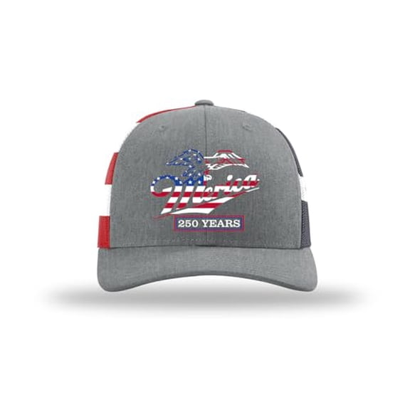Trenz Shirt Company Men's Patriotic USA Flag Filled 'Merica Eagle 250 Years Embroidered Mesh Back Trucker Hat-Heather Grey/Flag