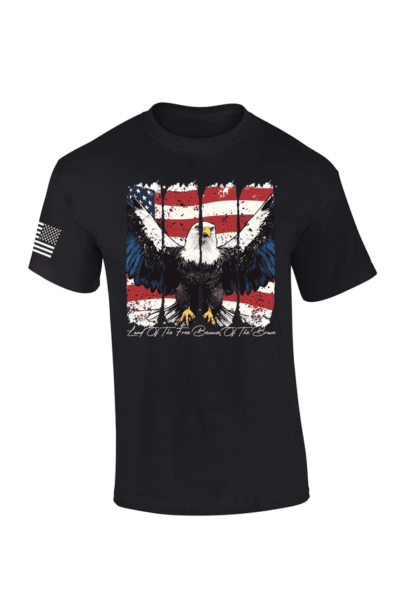 Men's USA Eagle July 4th Design Distressed Land of the Free Because of the Brave Short Sleeve TShirt, Patriotic Shirts for Men, Black-Large
