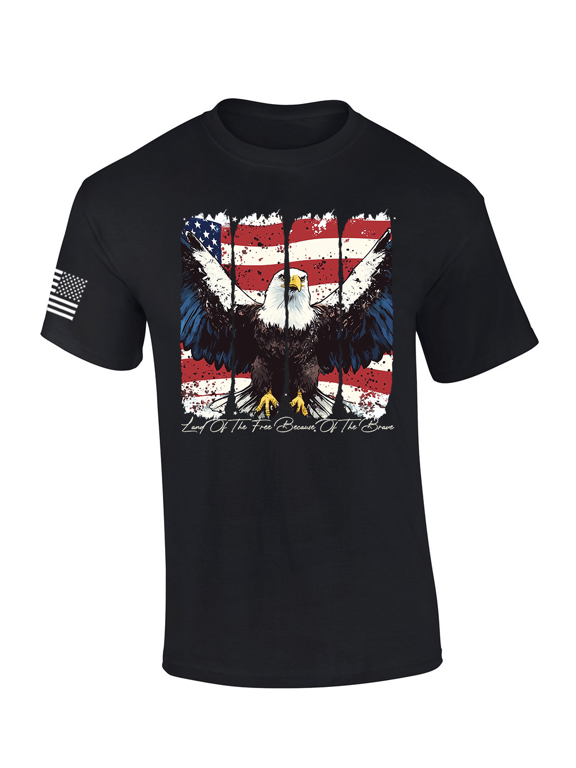 Men's USA Eagle July 4th Design Distressed Land of the Free Because of the Brave Short Sleeve TShirt, Patriotic Shirts for Men, Black-Large
