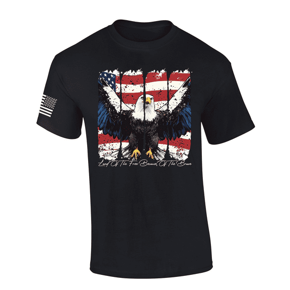Trenz Shirt Company Men's USA Eagle July 4th Design Distressed Land of the Free Because of the Brave Short Sleeve TShirt, Patriotic Shirts for Men, Black-X-Large