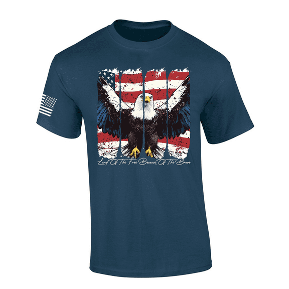 Trenz Shirt Company Men's USA Eagle July 4th Design Distressed Land of the Free Because of the Brave Short Sleeve TShirt, Patriotic Shirts for Men, Blue Dusk-Medium