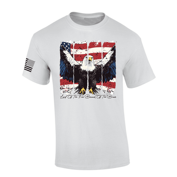 Trenz Shirt Company Men's USA Eagle July 4th Design Distressed Land of the Free Because of the Brave Short Sleeve TShirt, Patriotic Shirts for Men, White-Small