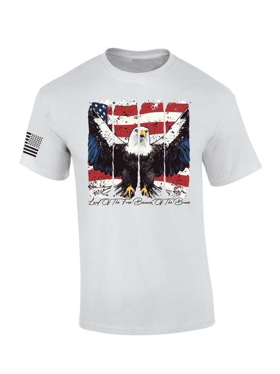 Men's USA Eagle July 4th Design Distressed Land of the Free Because of the Brave Short Sleeve TShirt, Patriotic Shirts for Men, White-X-Large