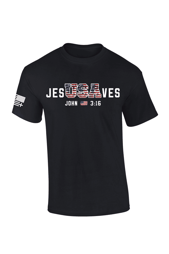 Men’s USA Flag Filled Jesus Saves USA Flag John 3:16 Short Sleeve T-Shirt, Black-XX-Large