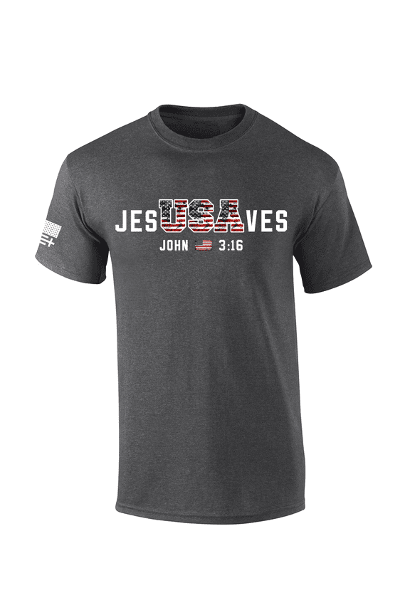 Men’s USA Flag Filled Jesus Saves USA Flag John 3:16 Short Sleeve T-Shirt, Heather Grey-5X-Large