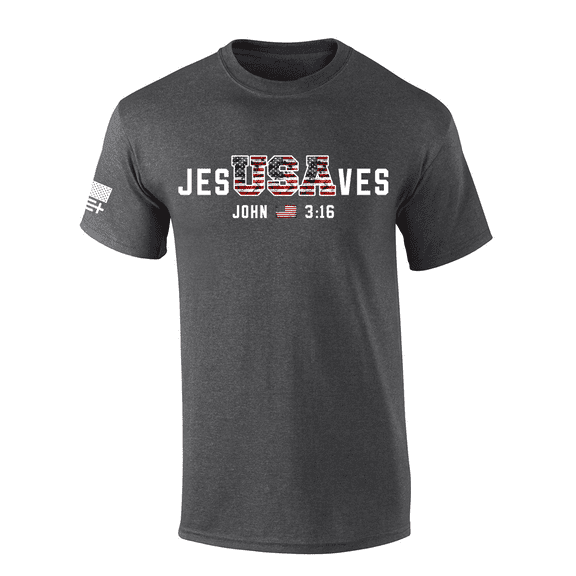 Trenz Shirt Company Men’s USA Flag Filled Jesus Saves USA Flag John 3:16 Short Sleeve T-Shirt, Heather Grey-Medium