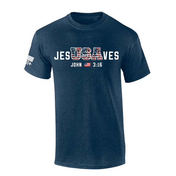 Trenz Shirt Company Men’s USA Flag Filled Jesus Saves USA Flag John 3:16 Short Sleeve T-Shirt, Heather Navy-Small
