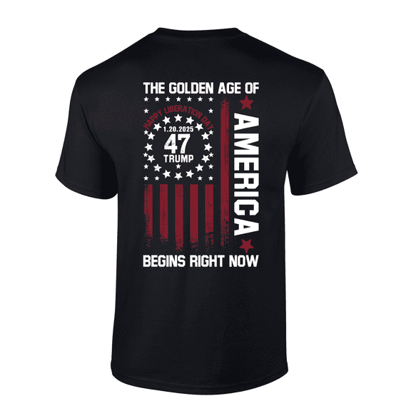 Trenz Shirt Company Mens 1.20.2025 Trump 47 The Golden Age Of America Patriotic Flag Short Sleeve T-Shirt-Black-small
