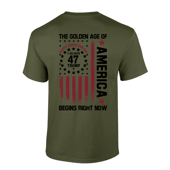 Trenz Shirt Company Mens 1.20.2025 Trump 47 The Golden Age Of America Patriotic Flag Short Sleeve T-Shirt-Military-large