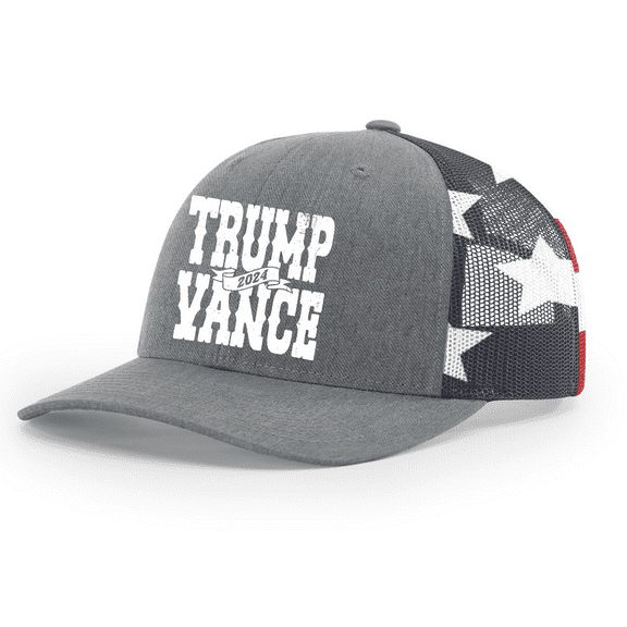 Trenz Shirt Company Mens 2024 Ribbon Trump Vance Mesh Back Trucker Hat-Heather Grey/Flag