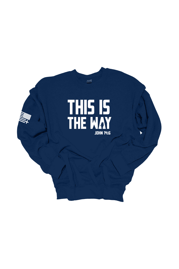 Mens Christian Crewneck Sweatshirt This Is The Way John 14:6 Scripture American Flag Sleeve-Navy-large