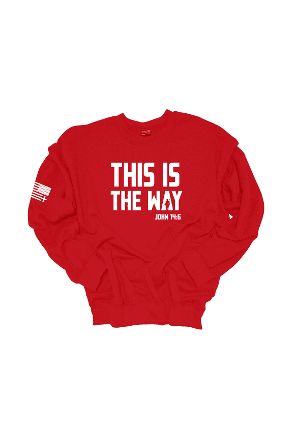Mens Christian Crewneck Sweatshirt This Is The Way John 14:6 Scripture American Flag Sleeve-Red-medium