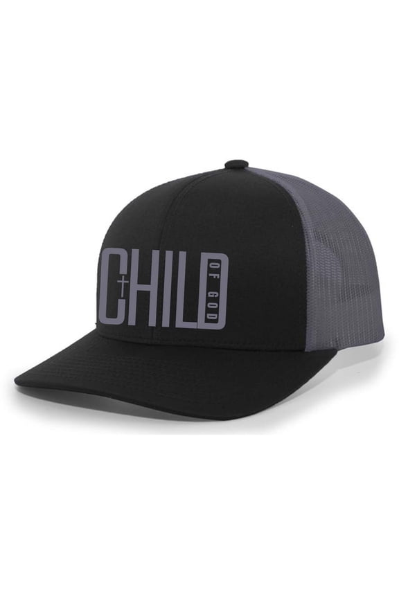 Mens Christian Hat Child of God Cross Jesus Mesh Back Trucker Hat, Black/Charcoal