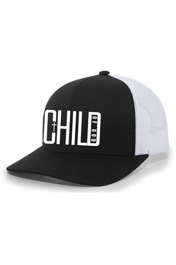 Mens Christian Hat Child of God Cross Jesus Mesh Back Trucker Hat, Black/White