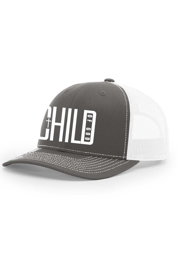 Mens Christian Hat Child of God Cross Jesus Mesh Back Trucker Hat, Charcoal/White
