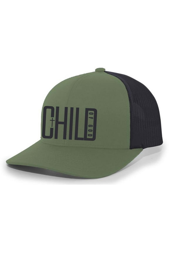 Mens Christian Hat Child of God Cross Jesus Mesh Back Trucker Hat, Loden/Black