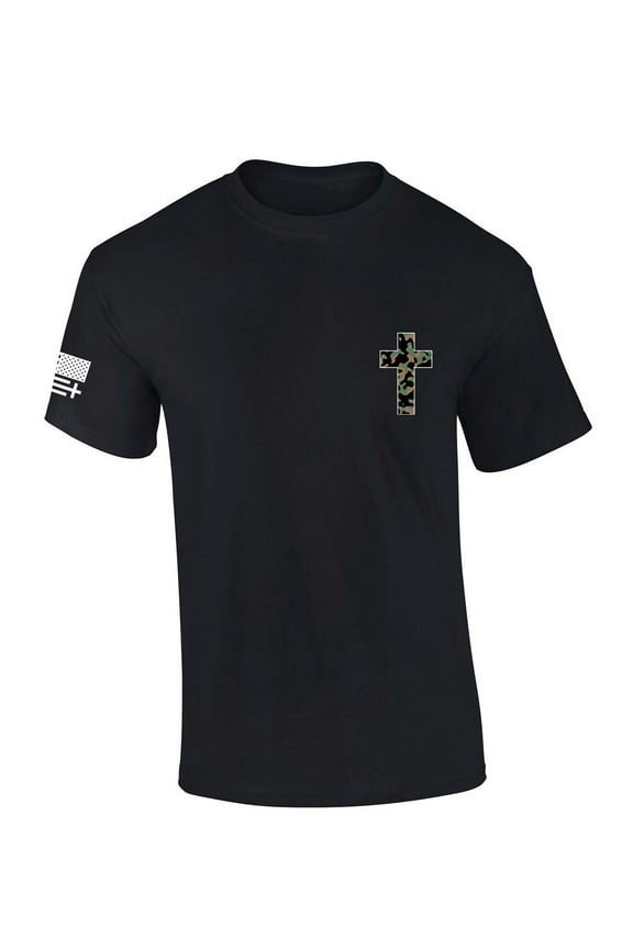 Mens Christian Tshirt Camo Cross Crest Short Sleeve T-shirt-Black-large